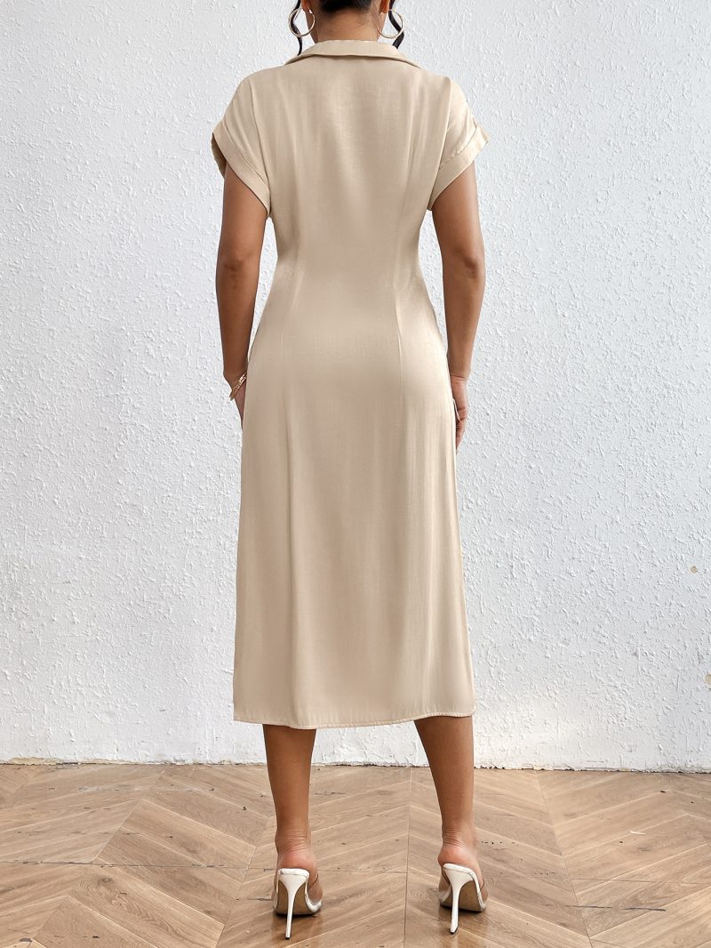 Slimming Polo Collar Deep V Plunge Short Sleeve Maxi Dress - Image 4