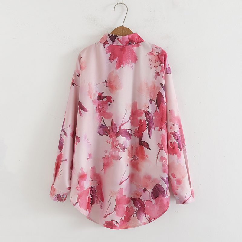 Floral Print Collared Long Sleeve Loose Shirt - Image 3