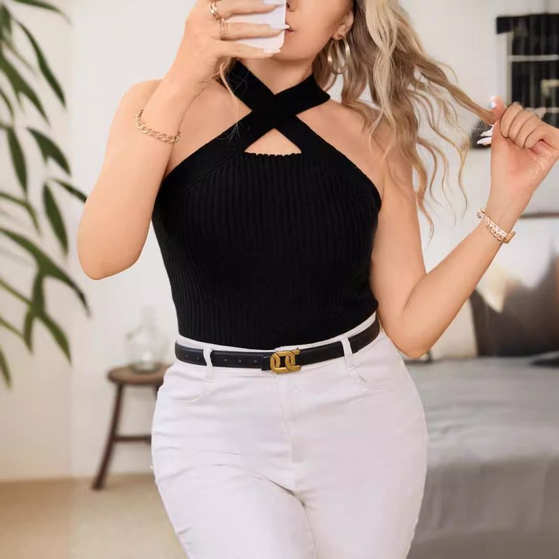 Custom Sleeveless Halterneck Knit Sweater Vest with Suspenders