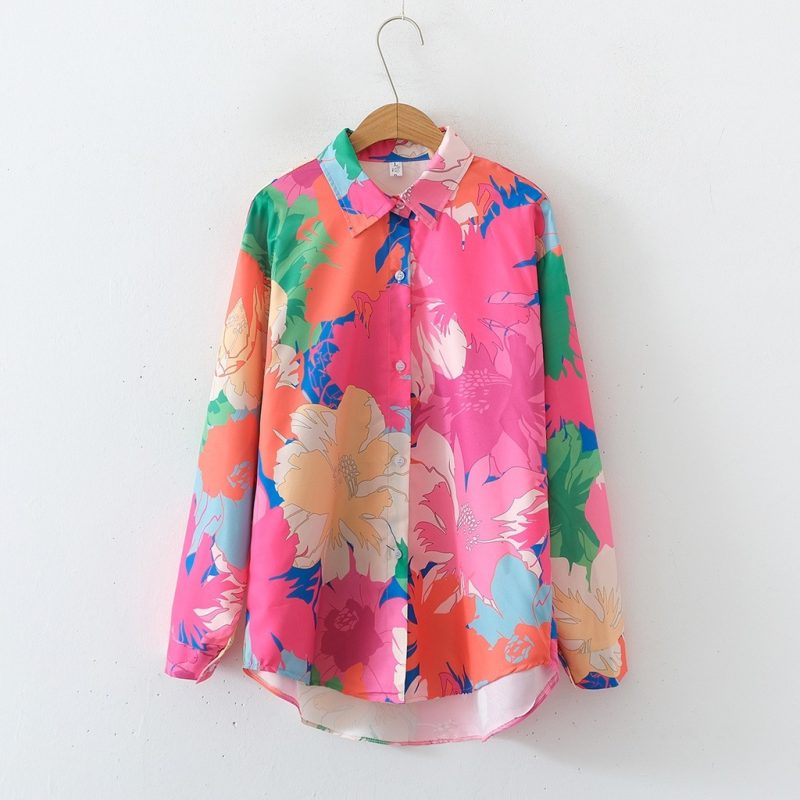 Printed Loose Collared Long Sleeve Shirt - Women’s Top