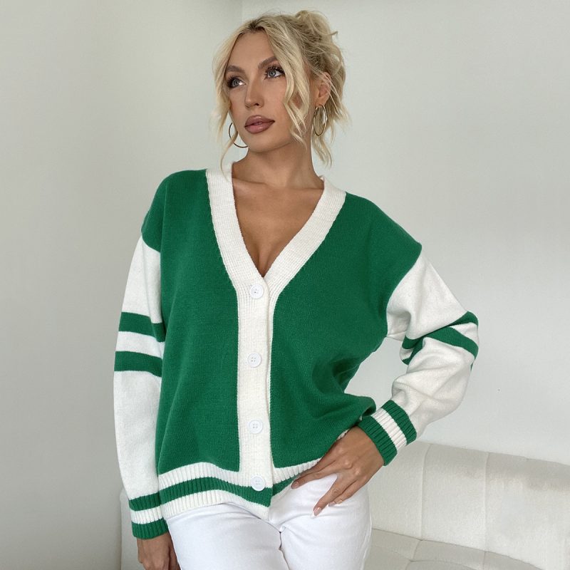 Contrast Color Cardigan - Loose Fit Knitted Autumn Winter Sweater - Image 4