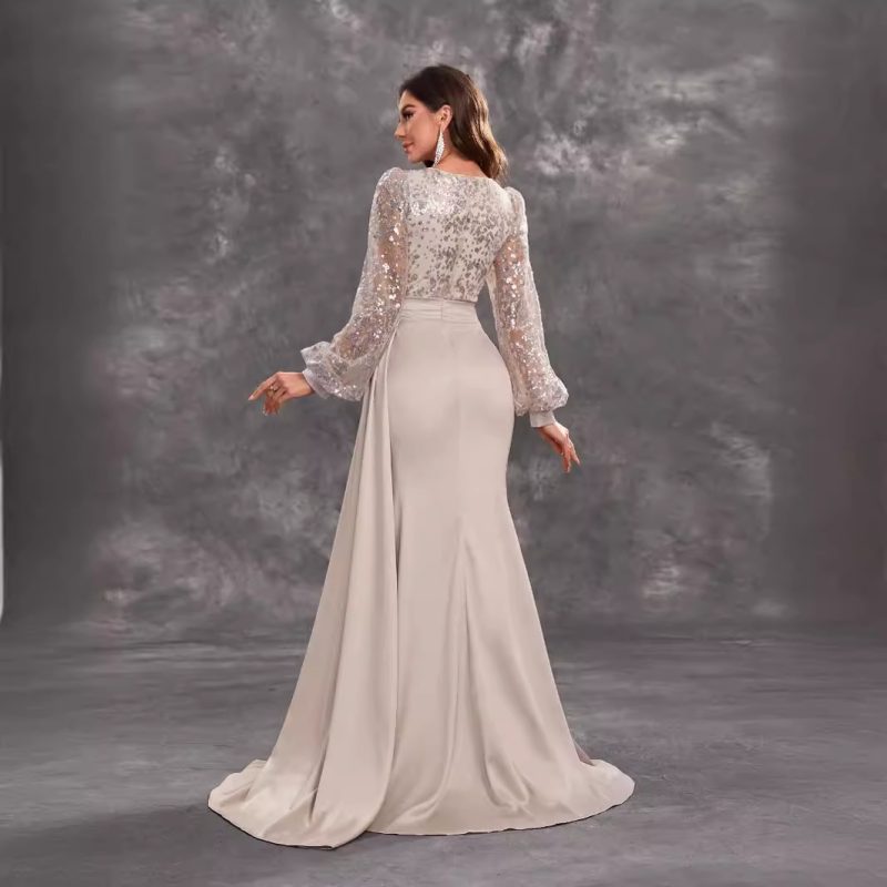 Elegant V-Neck Sequined Satin Long Sleeve Evening Gown for Women - Image 2