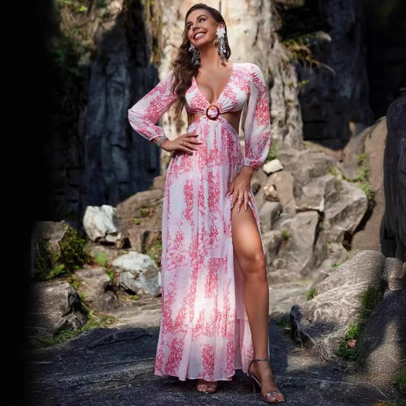 Sexy Chiffon Printed Long Sleeve Hollow Out Cutout Split Maxi Dress