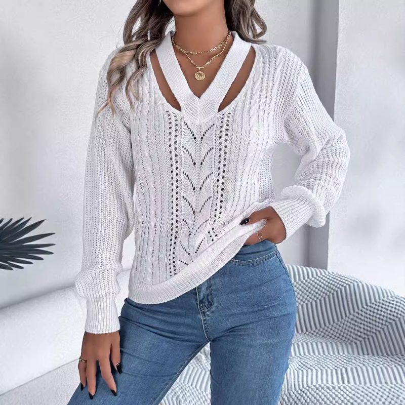 V-Neck Twist Sweater - Hollow Out Lantern Sleeve Pullover - Image 2