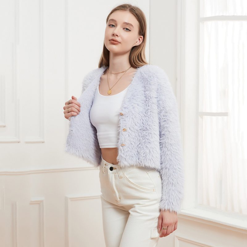 Mink-Like V Neck Knitted Cardigan - Casual Short Coat - Image 2