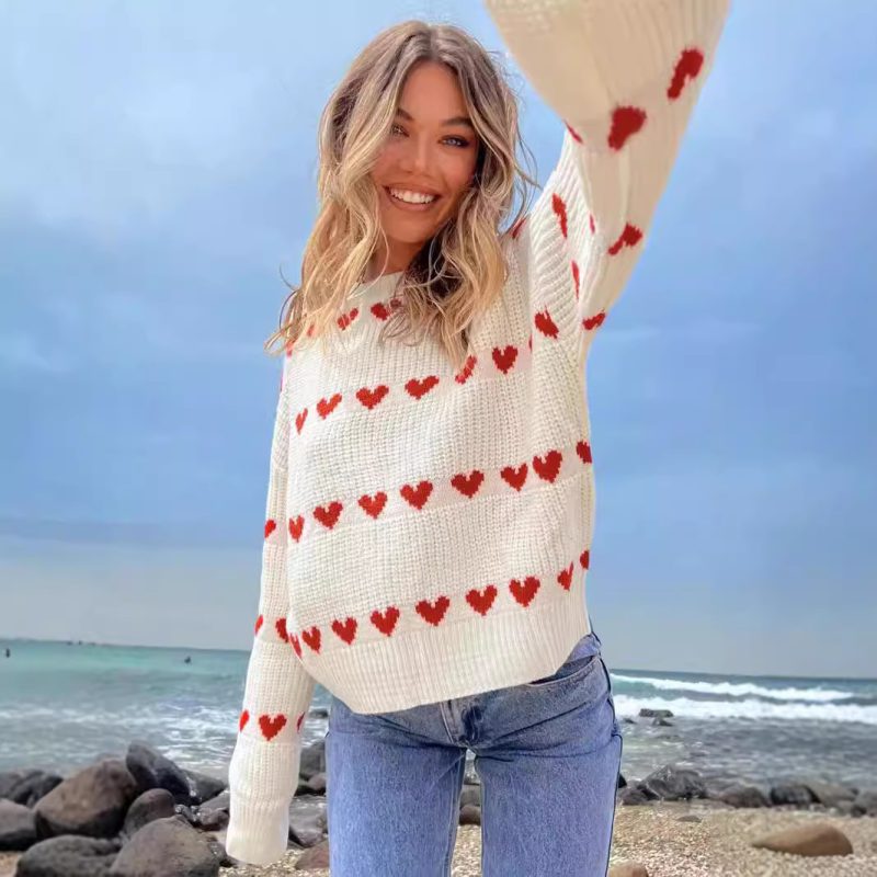 Love Heart Jacquard Sweater - Two-Color Contrast Long Sleeve - Image 2