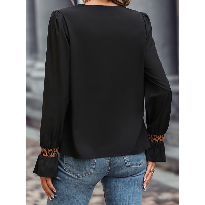 Western Leopard Print V-Neck Long Sleeve Top for Women - Image 3