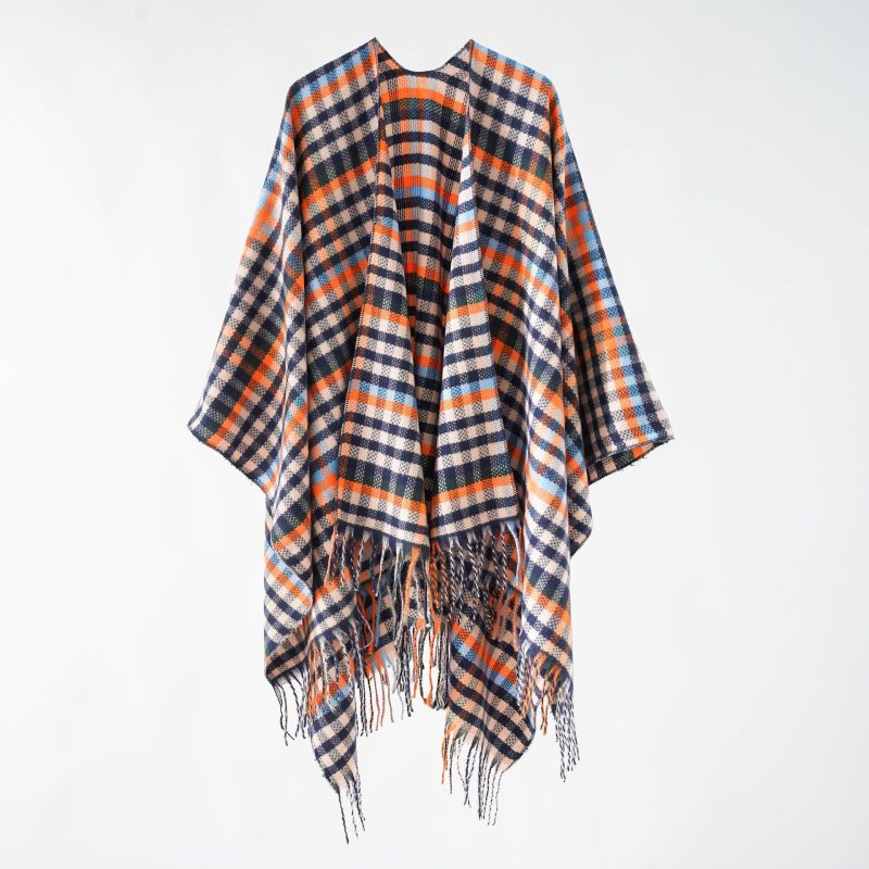 Plaid Cashmere-Like Cape Shawl - Warm Tassel Scarf for Women - Image 4