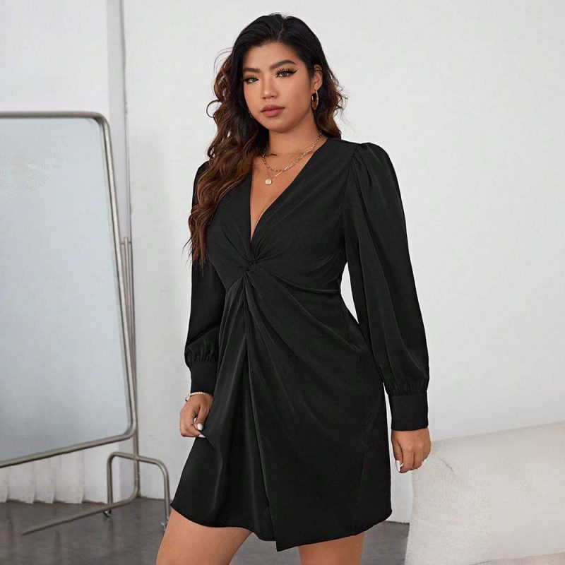 Plus Size Elegant V-Neck High Sense Dress for Autumn Winter - Image 3