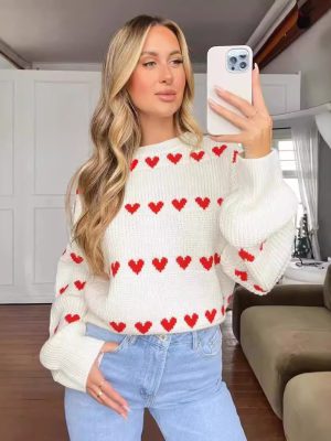 Love Heart Jacquard Sweater – Two-Color Contrast Long Sleeve