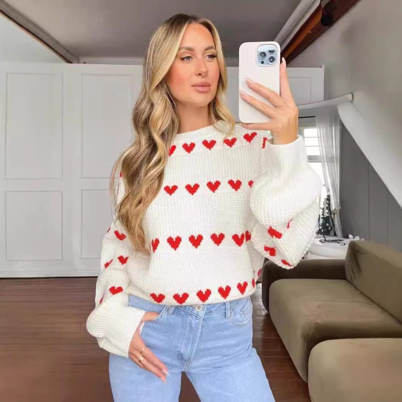 Love Heart Jacquard Sweater - Two-Color Contrast Long Sleeve