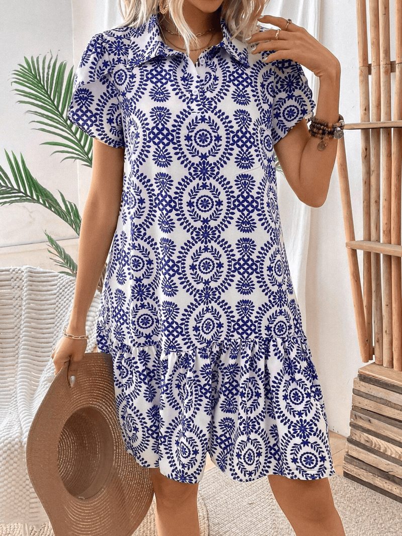 Floral Print Ruffled Hem Dress with Petal Short Sleeves - Image 3