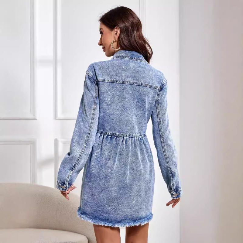 Loose Washed Denim Dress with Collared Neck and Lotus Leaf - Image 2