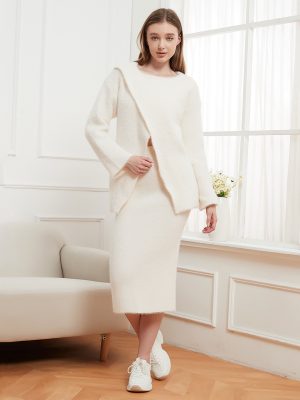 Round Neck Asymmetric Knitted Pullover & Sheath Skirt Set