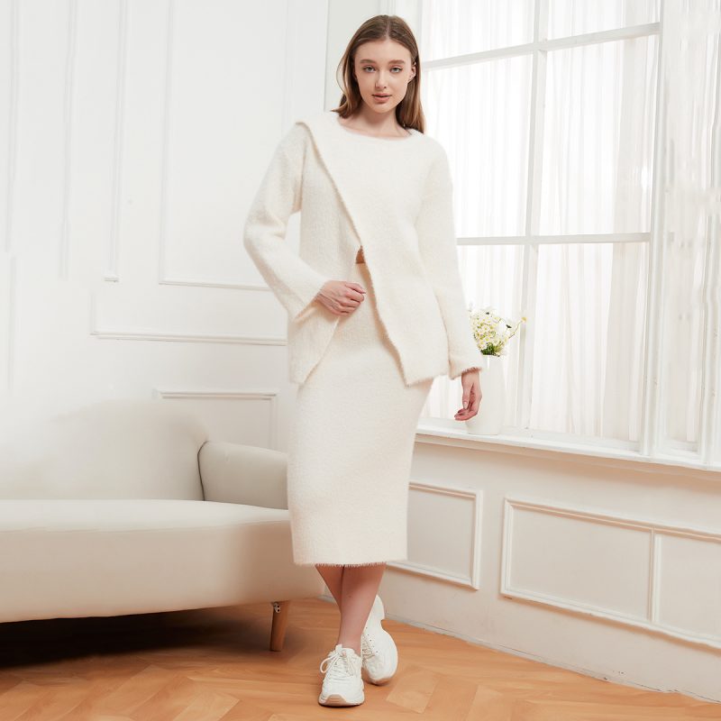 Round Neck Asymmetric Knitted Pullover & Sheath Skirt Set