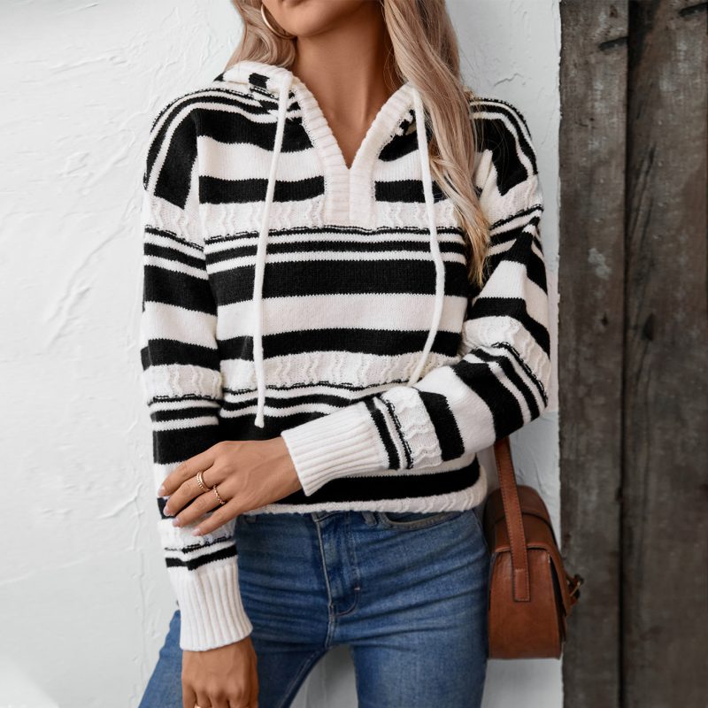 Striped Hooded Pullover Sweater - Autumn Winter Knitwear - Image 3