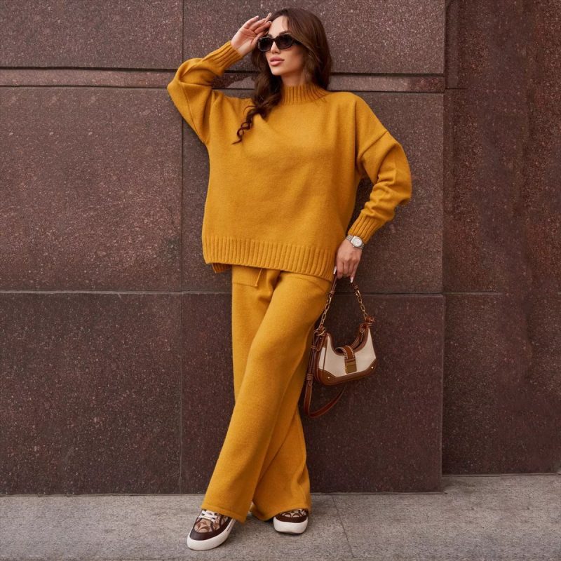 Solid Color Stand Collar Sweater & Trousers Set - Loose Fit - Image 4