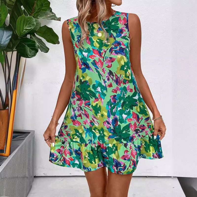 Elegant Summer Floral Print Ruffled Sleeveless Dress - Image 4