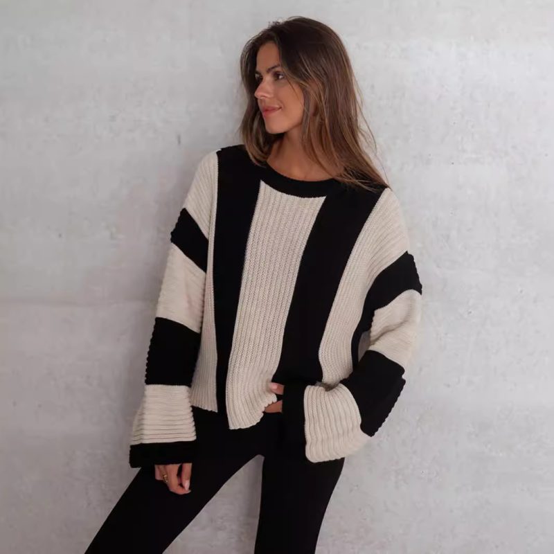 Loose Fit Vertical Stripes Sweater - Contrast Color Round Neck - Image 4