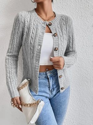 Twist Knit Cardigan – Round Neck Long Sleeve Autumn Sweater