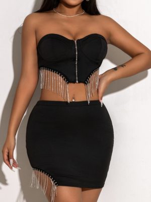 Sexy Tassel Chain Tube Top & Skirt Set – Solid Color