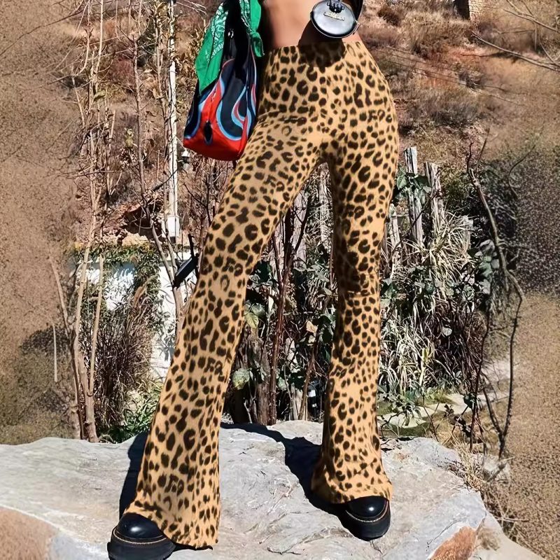 Leopard Print Skinny Bell Bottom Pants - Trendy Casual Wear - Image 2