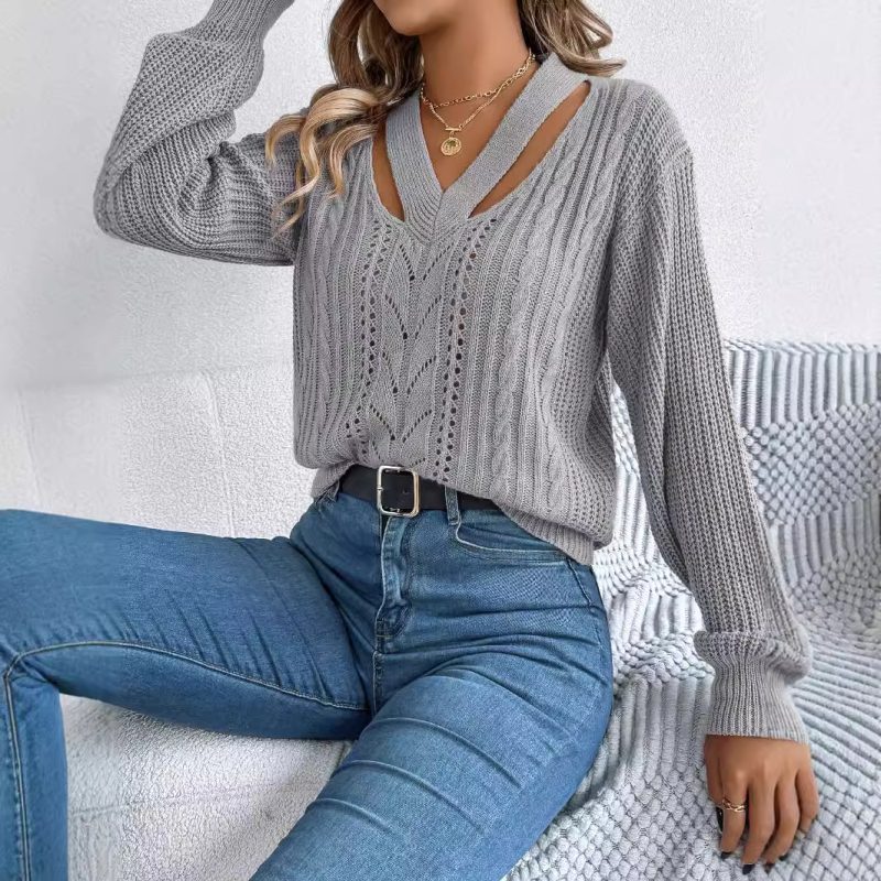 V-Neck Twist Sweater - Hollow Out Lantern Sleeve Pullover - Image 3