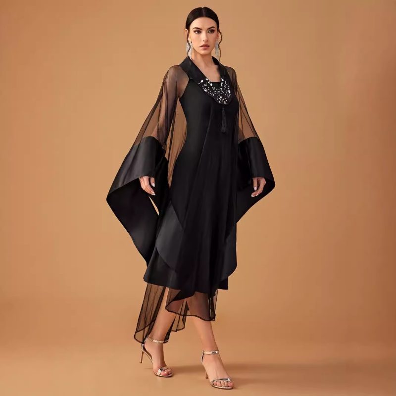 Mid East Wind Rhinestone V-Neck Long Sleeve Two-Piece Cape Cocktail Evening Dress for Ladies - Image 4
