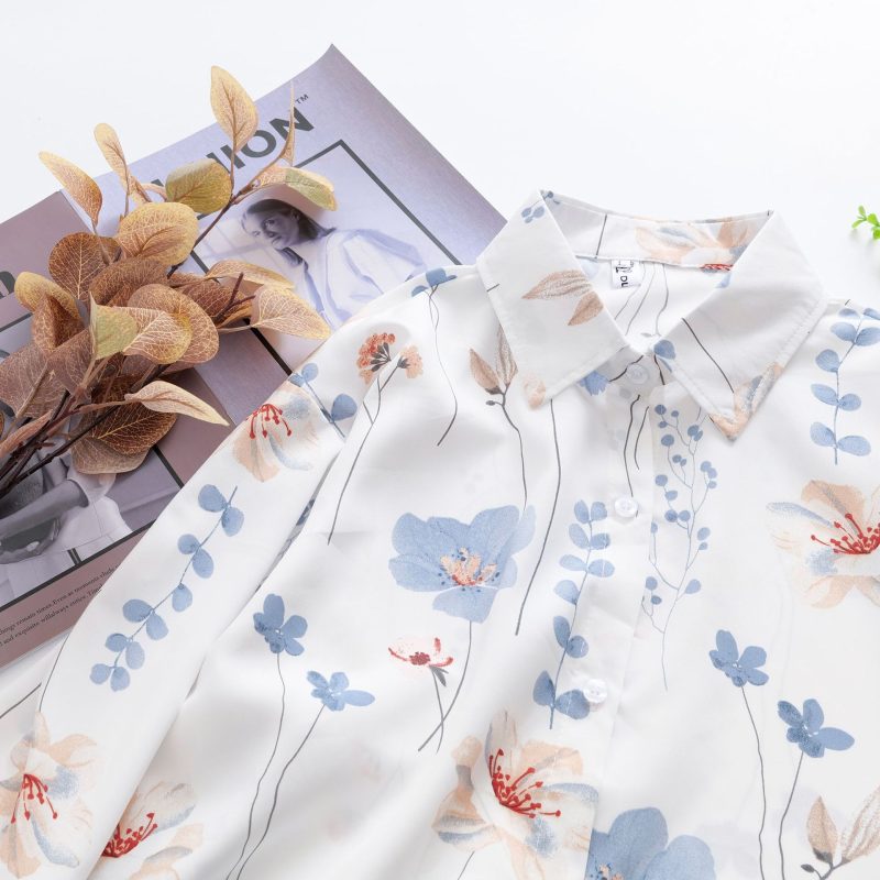 Floral Print Loose Collared Long Sleeve Shirt - Women’s Top - Image 5