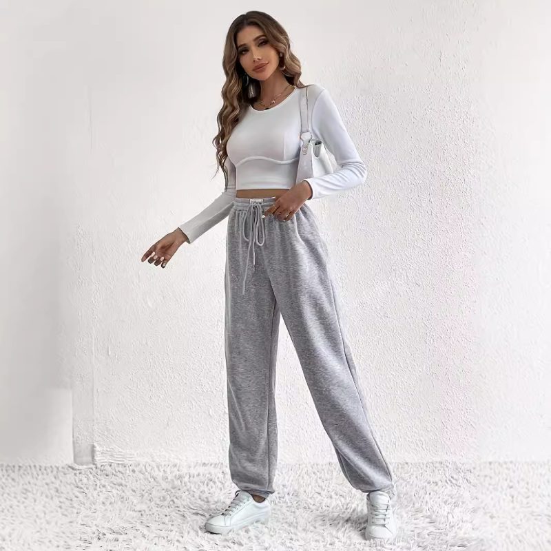 Gray Wide Leg Sweatpants for Women - Loose Fit, Ankle-Tied Drawstring Pants - Image 4