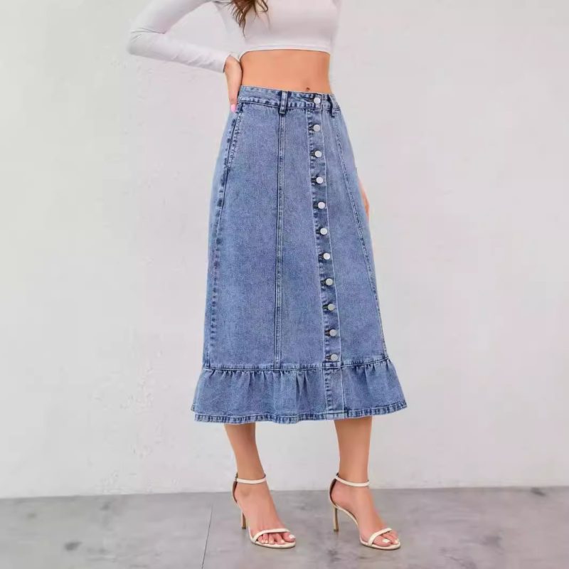 High-Waist A-Line Denim Skirt with Fishtail & Ruffles - Image 4