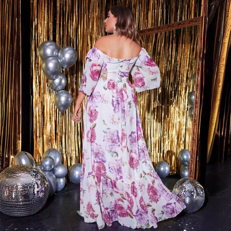 Plus Size Off Shoulder Chiffon Printed Dress with Waist Cutout and 3/4 Sleeves - Image 2