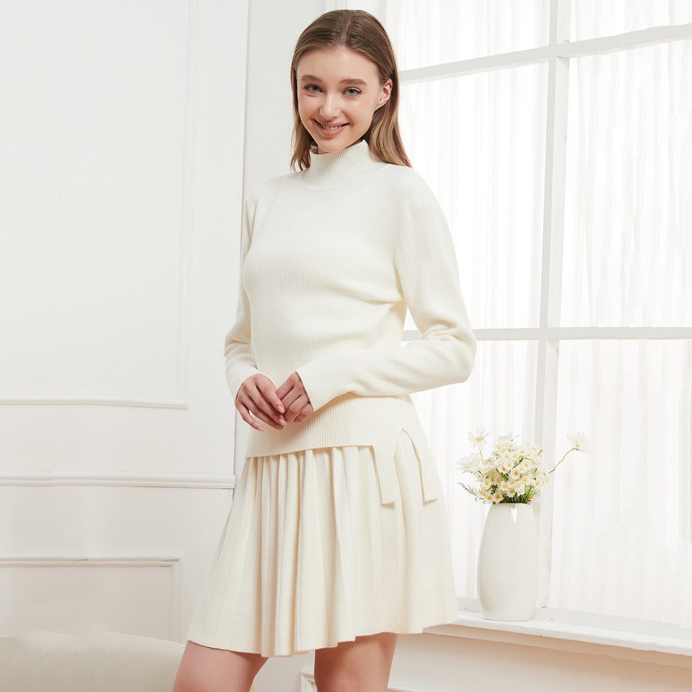 Solid Color Stand Collar Sweater & Pleated Skirt Set - College Style - Image 3
