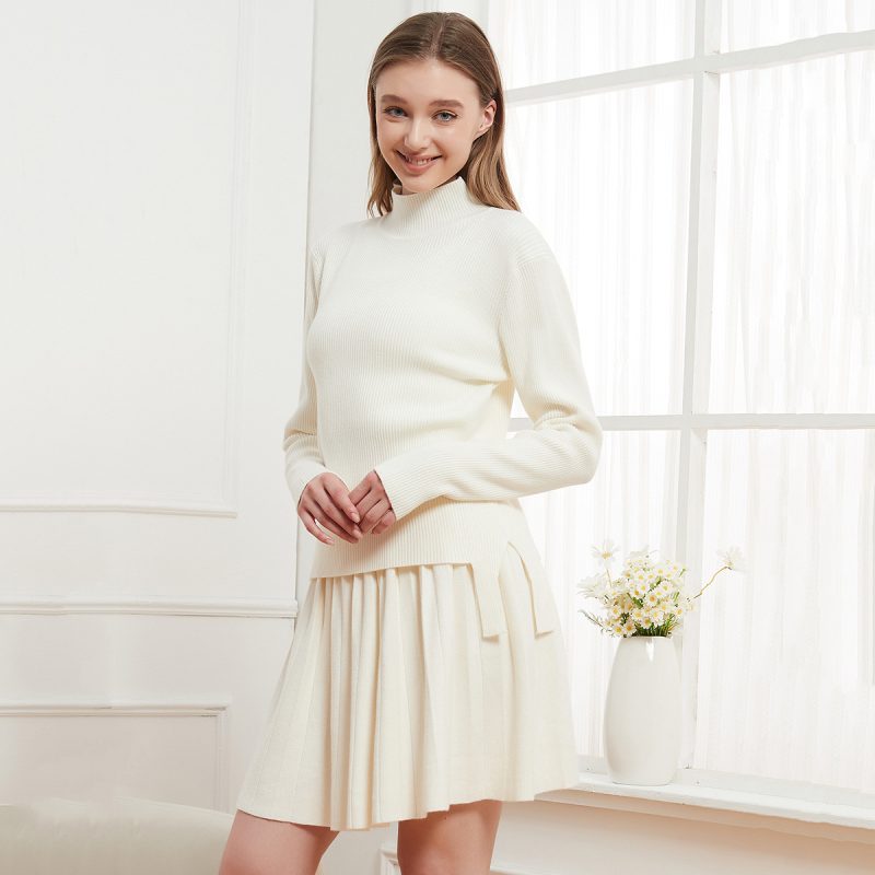 Solid Color Stand Collar Sweater & Pleated Skirt Set - College Style - Image 3