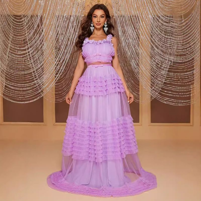 Spring Summer Lace Sling Multi-Layered Maxi Dress