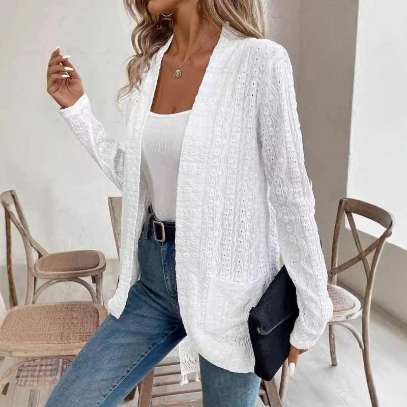 Solid Color Lace Jacket - Double Pocket Long Sleeve Open Coat - Image 5
