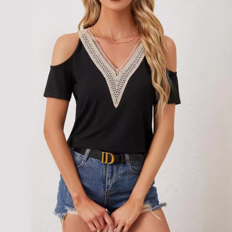 Elegant Lace V Neck Hollow Out Short Sleeve Top - Image 4