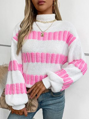 Striped Mock Neck Pullover – Loose Fit Autumn Winter Sweater