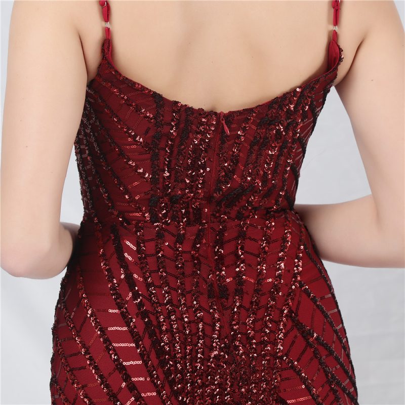 Beaded Sequin Strap Evening Dress - See-Through Gauze - Image 4