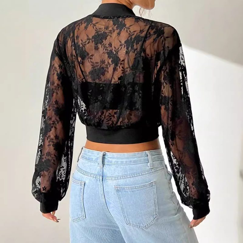 Autumn Winter Women Jacquard Lace See-Through Zip Short Jacket - Image 2