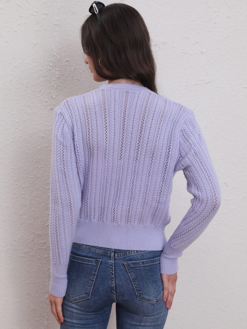 V-Neck Buckle Hollow Out Knitted Cardigan - Autumn/Winter - Image 4