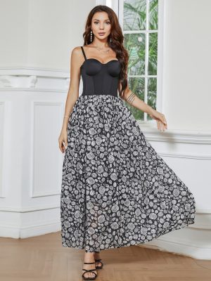 Elegant Boning Corset Dress – Black Chiffon with White Roses