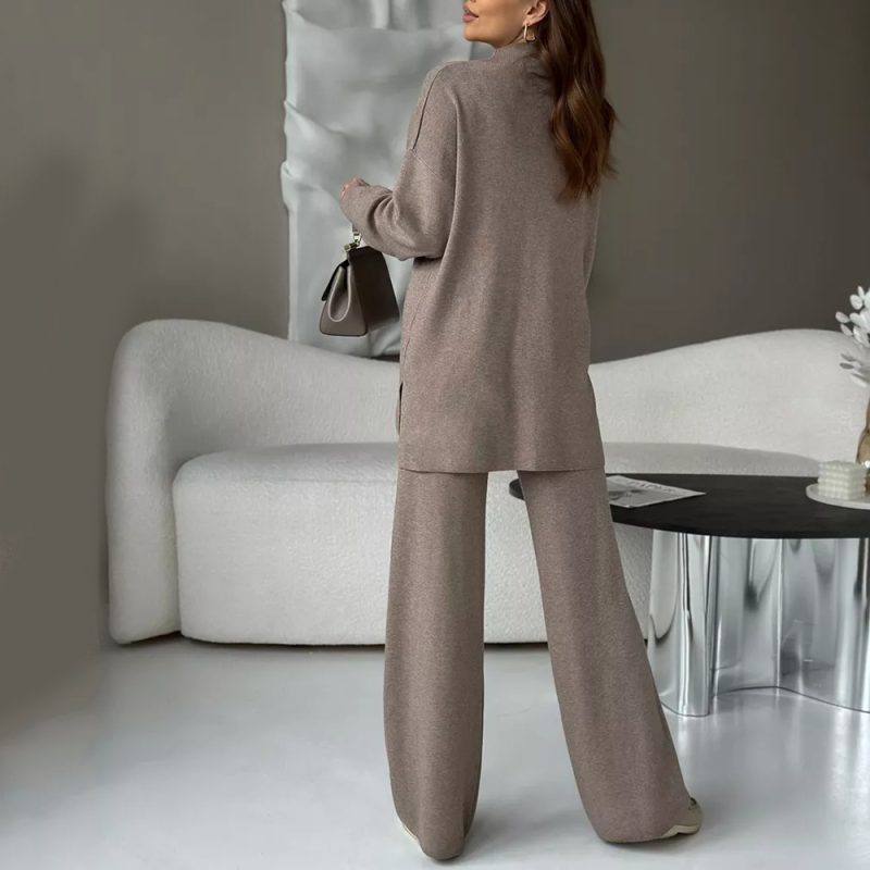 Stand Collar Sweater & Wide Leg Pants Set - Autumn/Winter - Image 2