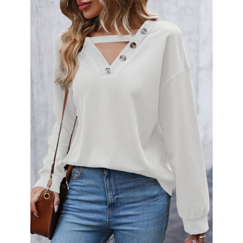 Autumn V-Neck Hollow Out Knitted Top - Long Sleeve - Image 3