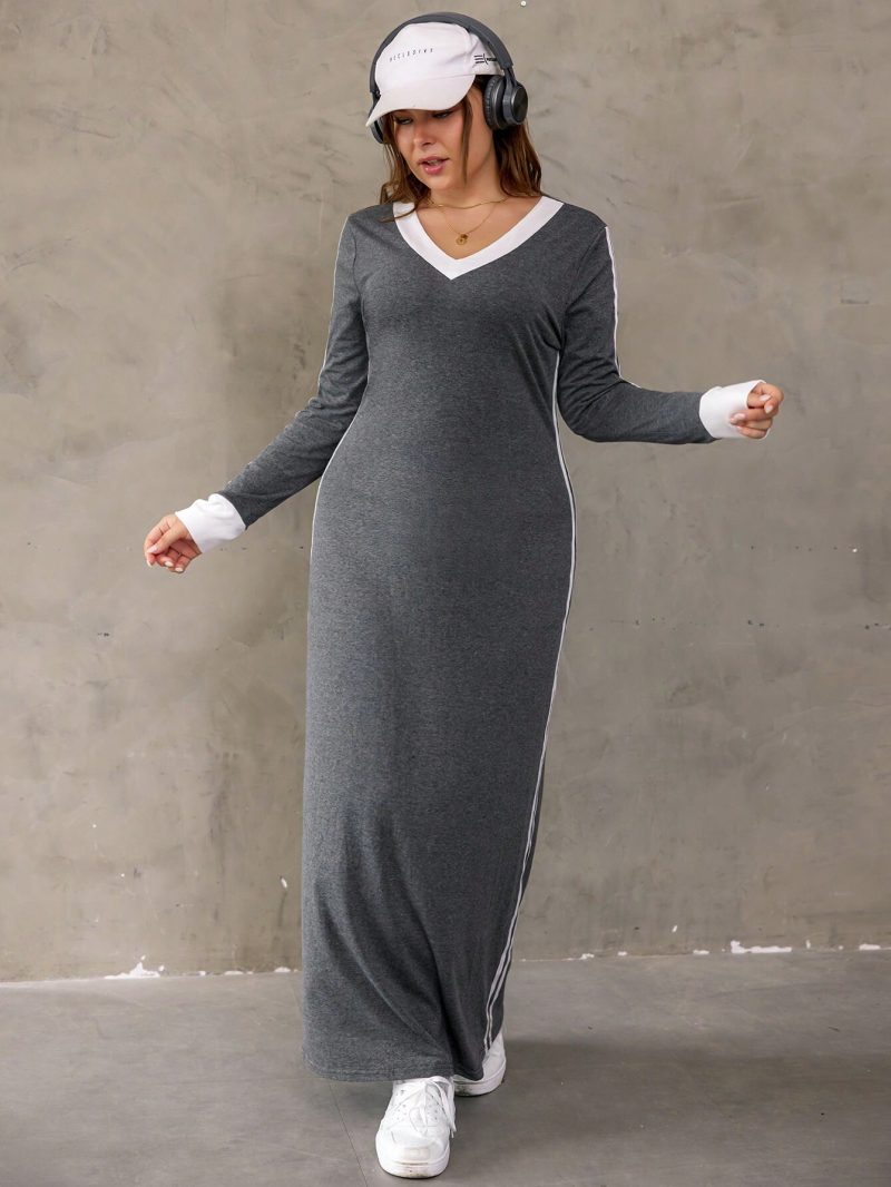 Plus Size Contrast Color Maxi Dress for Autumn Winter - Image 2
