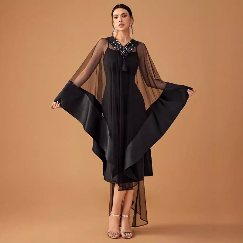 Mid East Wind Rhinestone V-Neck Long Sleeve Two-Piece Cape Cocktail Evening Dress for Ladies - Image 5
