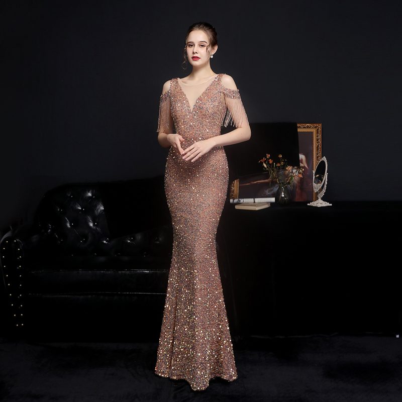 Colorful Sequin Fishtail Toast Dress - Slim Fit