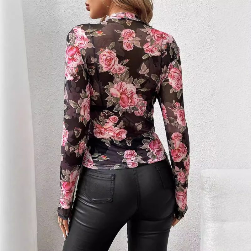 Rose Floral Print Slim Top - Small Stand Collar Autumn Winter Women’s Wear - Image 2