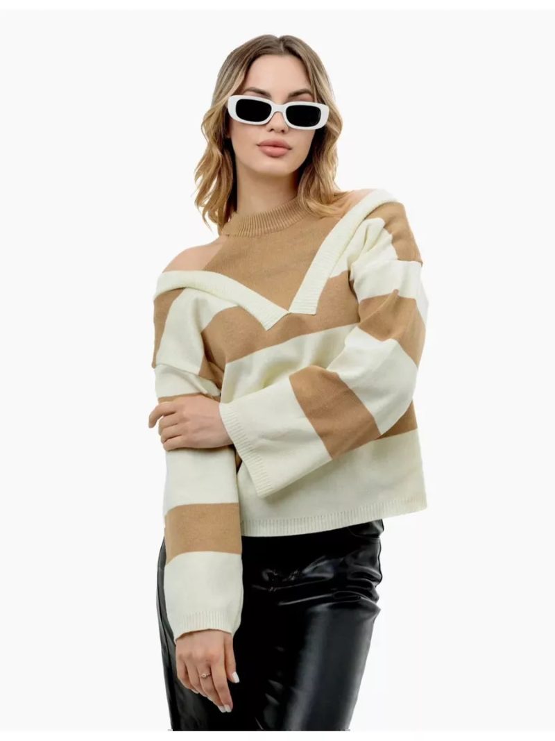 Retro Western Off-Shoulder Striped Sweater - Faux Two-Piece - Image 5