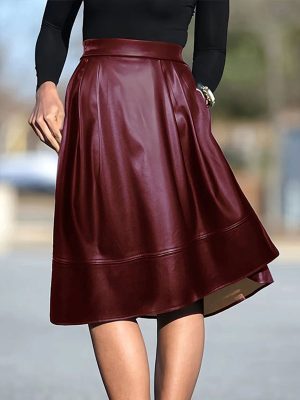 Spring Summer Faux Leather Pleated A-Line Skirt